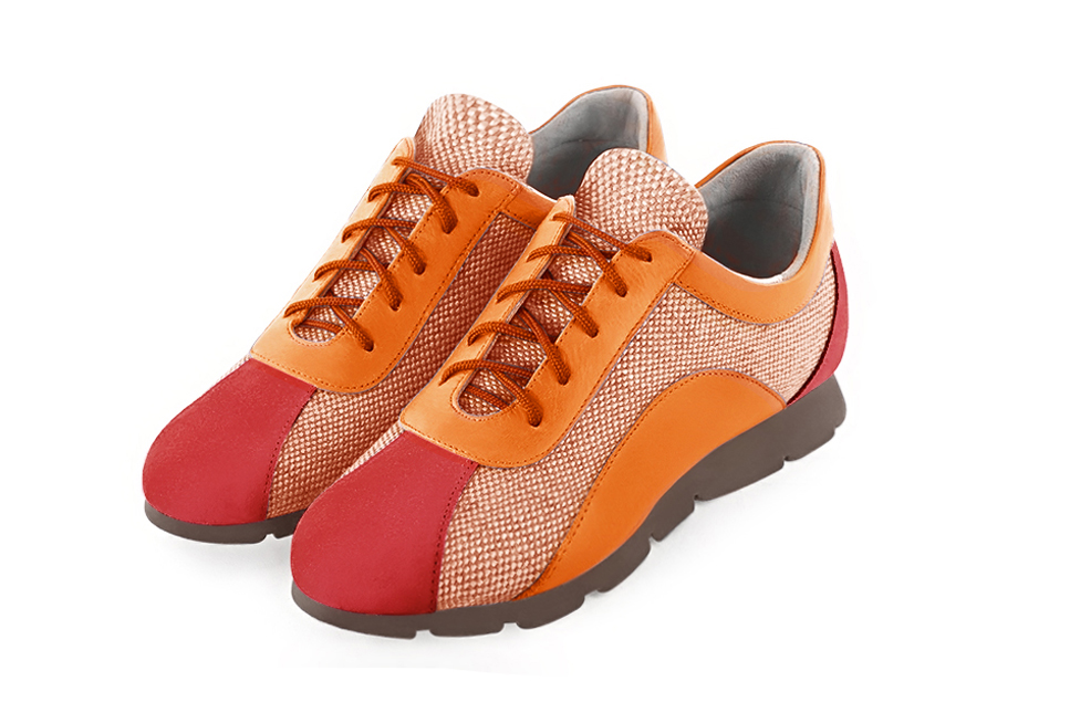 Scarlet red and peach orange women's two-tone elegant sneakers. Round toe. Flat rubber soles. Front view - Florence KOOIJMAN